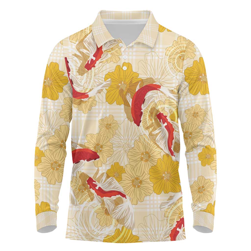Beige Palaka Hawaii Aloha Long Sleeve Polo Shirt Koi Pond Mix Ilima Flowers - Polynesian Pride