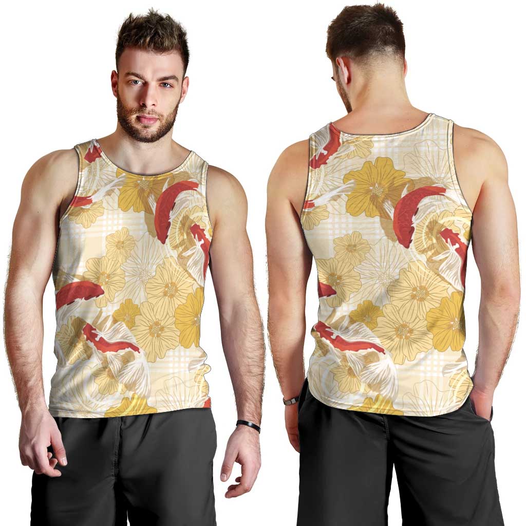 Beige Palaka Hawaii Aloha Men Tank Top Koi Pond Mix Ilima Flowers - Polynesian Pride