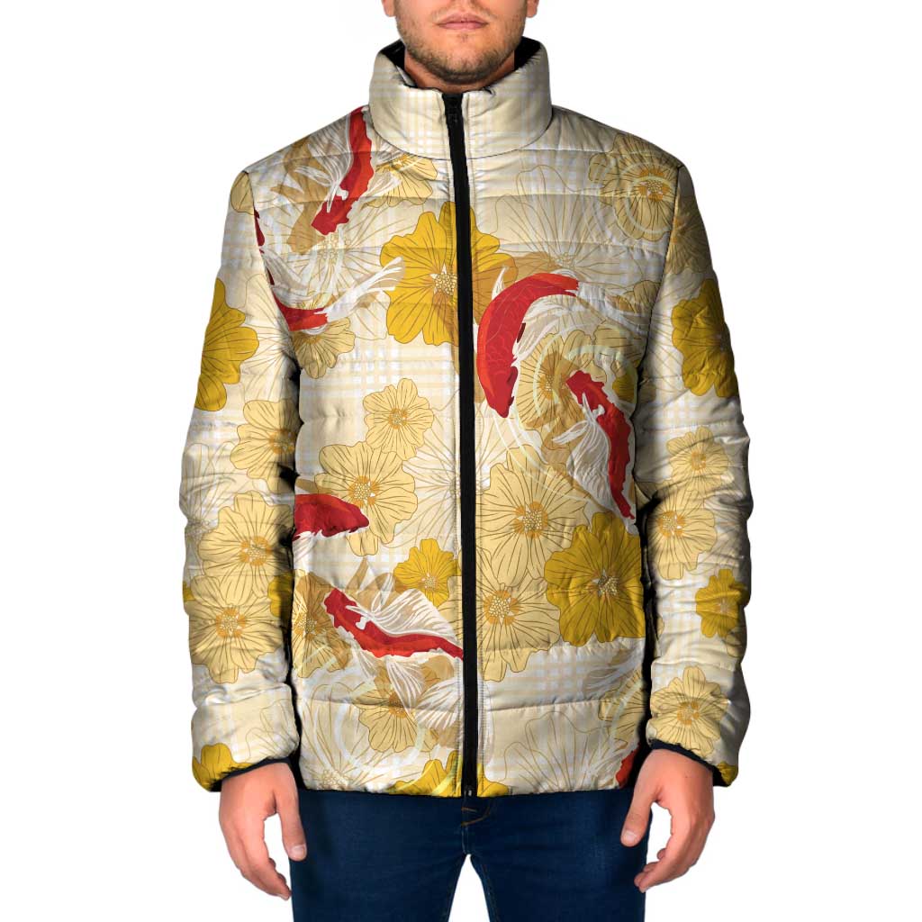 Beige Palaka Hawaii Aloha Padded Jacket Koi Pond Mix Ilima Flowers - Polynesian Pride