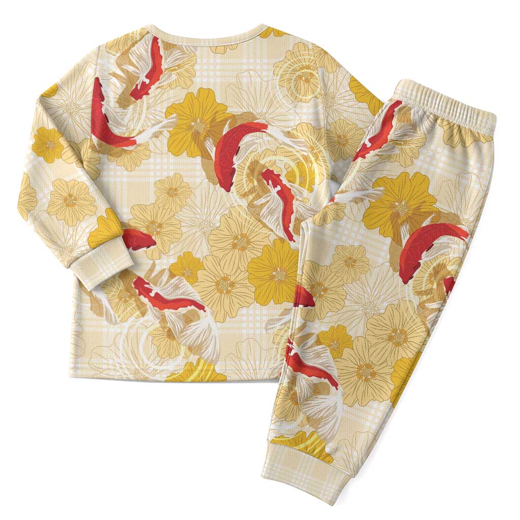 Beige Palaka Hawaii Aloha Christmas Pajama Set Koi Pond Mix Ilima Flowers - Polynesian Pride
