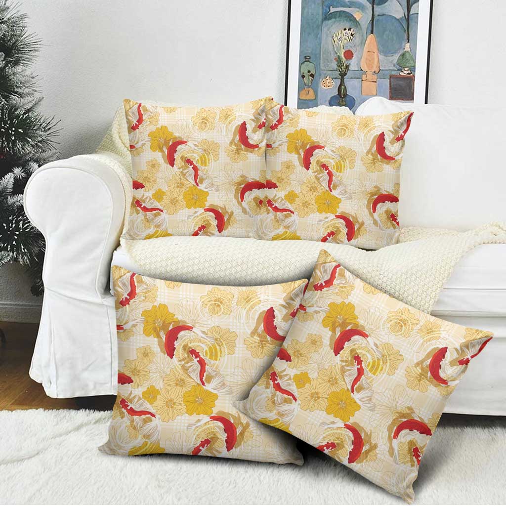 Beige Palaka Hawaii Aloha Pillow Cover Koi Pond Mix Ilima Flowers - Polynesian Pride