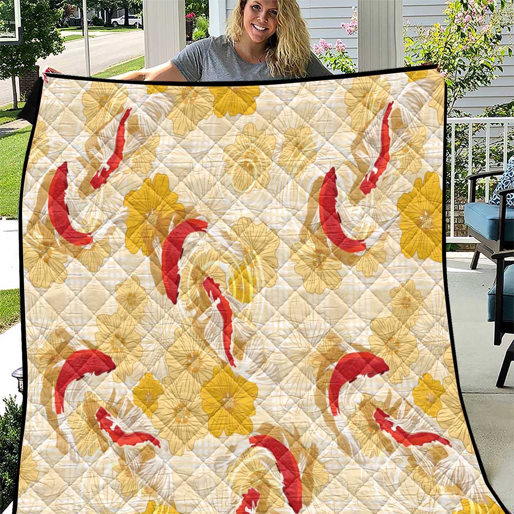 Beige Palaka Hawaii Aloha Quilt Koi Pond Mix Ilima Flowers - Polynesian Pride