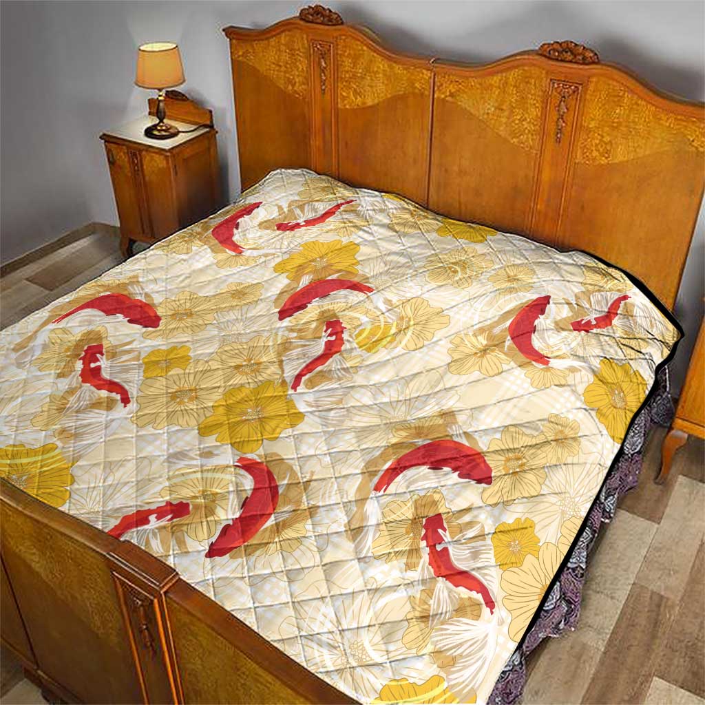 Beige Palaka Hawaii Aloha Quilt Koi Pond Mix Ilima Flowers - Polynesian Pride