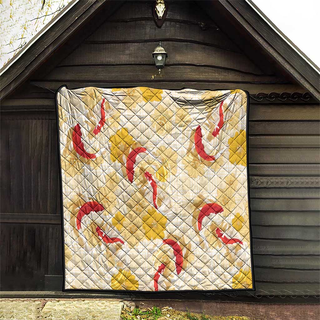 Beige Palaka Hawaii Aloha Quilt Koi Pond Mix Ilima Flowers - Polynesian Pride