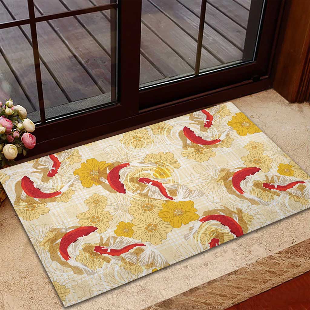 Beige Palaka Hawaii Aloha Rubber Doormat Koi Pond Mix Ilima Flowers - Polynesian Pride
