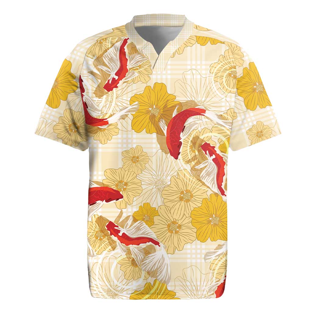 Beige Palaka Hawaii Aloha Rugby Jersey Koi Pond Mix Ilima Flowers - Polynesian Pride