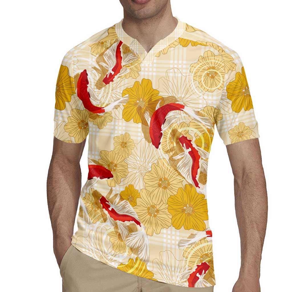 Beige Palaka Hawaii Aloha Rugby Jersey Koi Pond Mix Ilima Flowers - Polynesian Pride