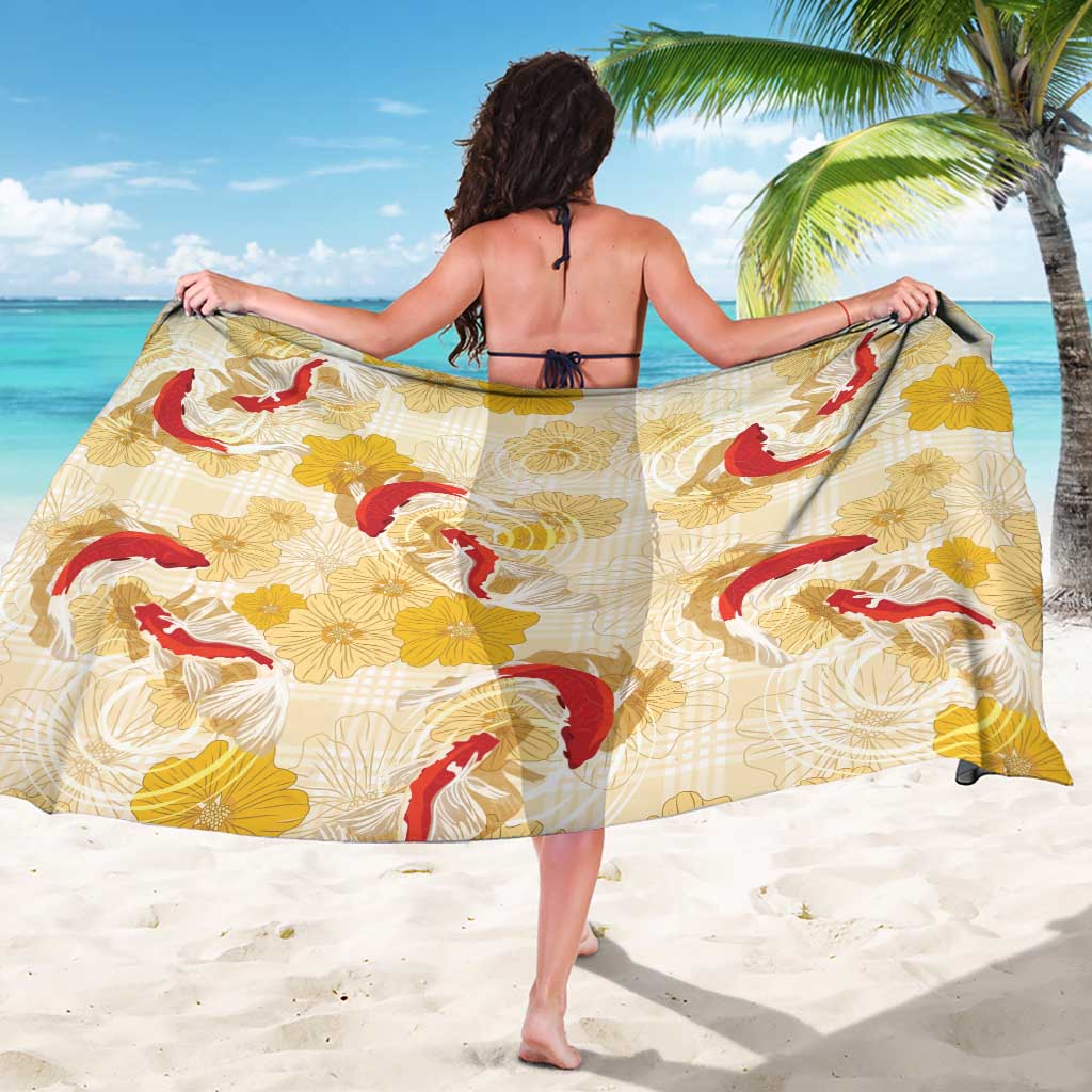 Beige Palaka Hawaii Aloha Sarong Koi Pond Mix Ilima Flowers - Polynesian Pride