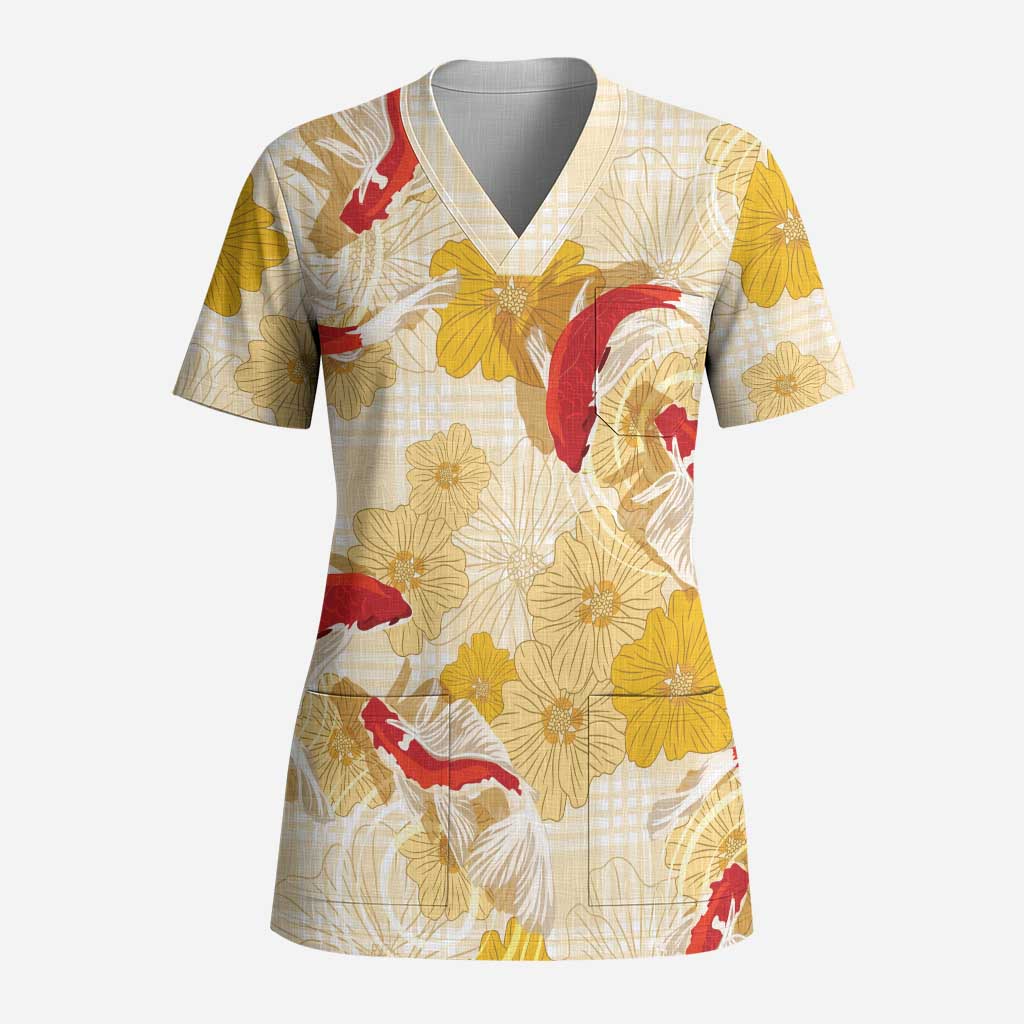 Beige Palaka Hawaii Aloha Scrub Top Koi Pond Mix Ilima Flowers - Polynesian Pride