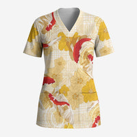 Beige Palaka Hawaii Aloha Scrub Top Koi Pond Mix Ilima Flowers - Polynesian Pride