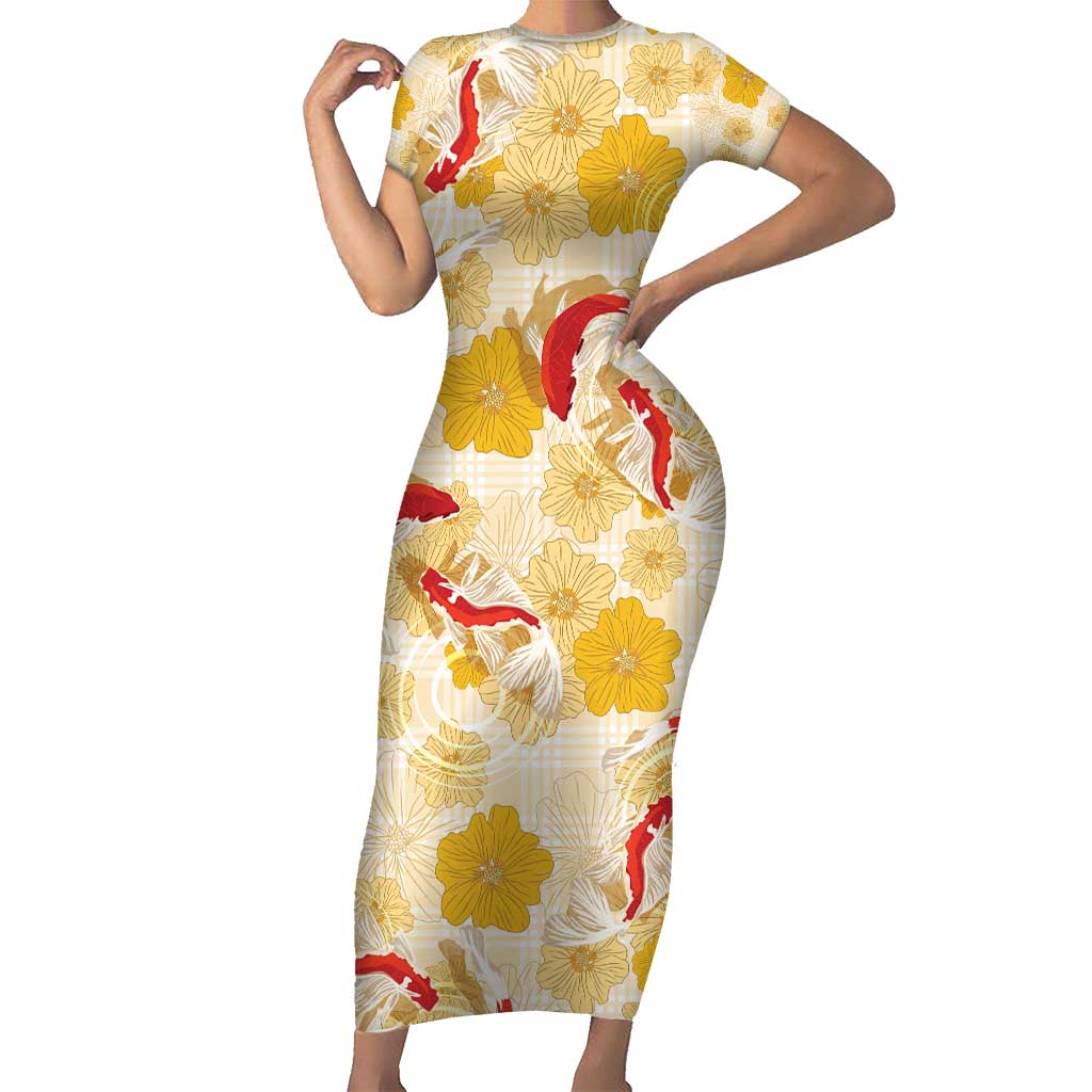 Beige Palaka Hawaii Aloha Short Sleeve Bodycon Dress Koi Pond Mix Ilima Flowers - Polynesian Pride