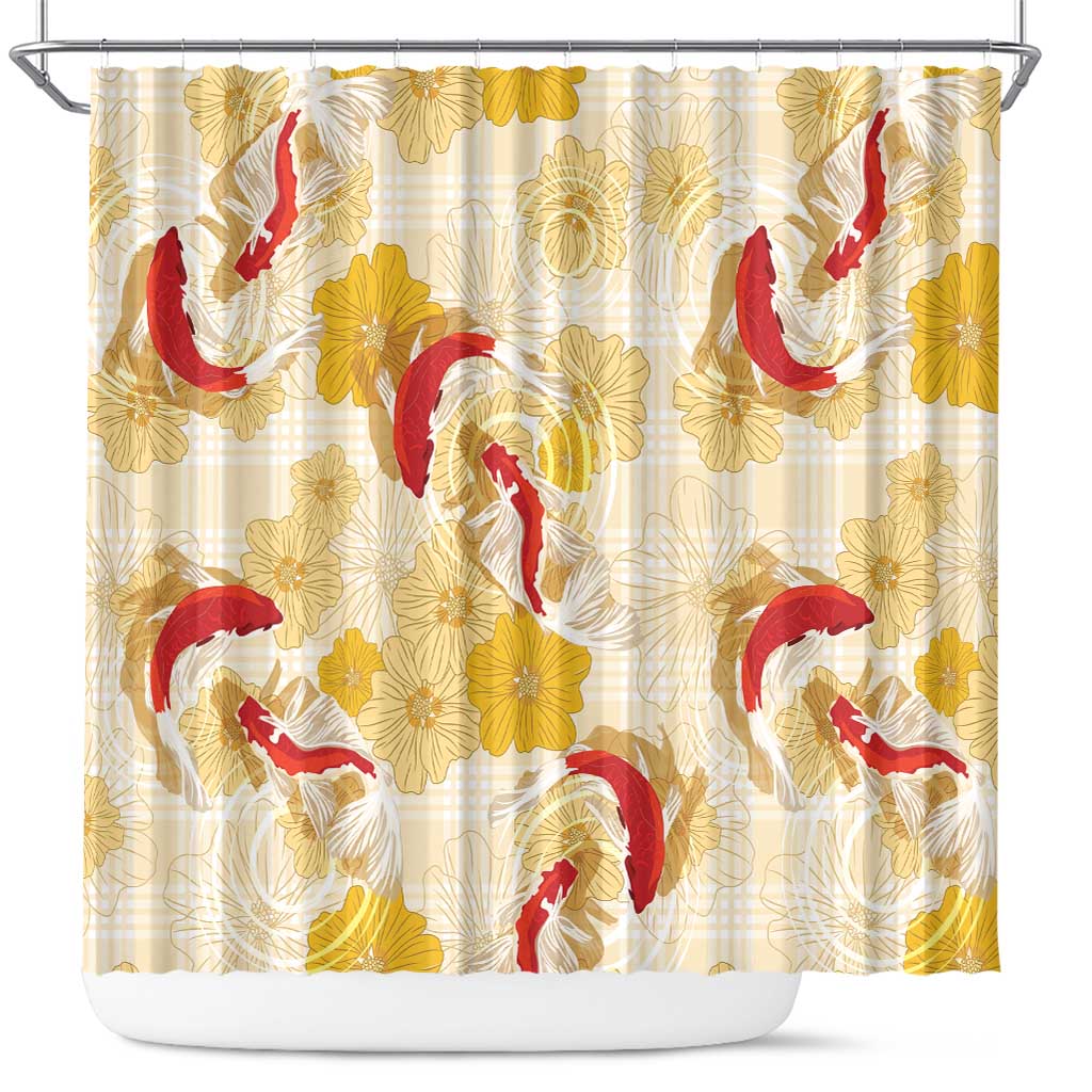 Beige Palaka Hawaii Aloha Shower Curtain Koi Pond Mix Ilima Flowers LT7 Cream Yellow - Polynesian Pride