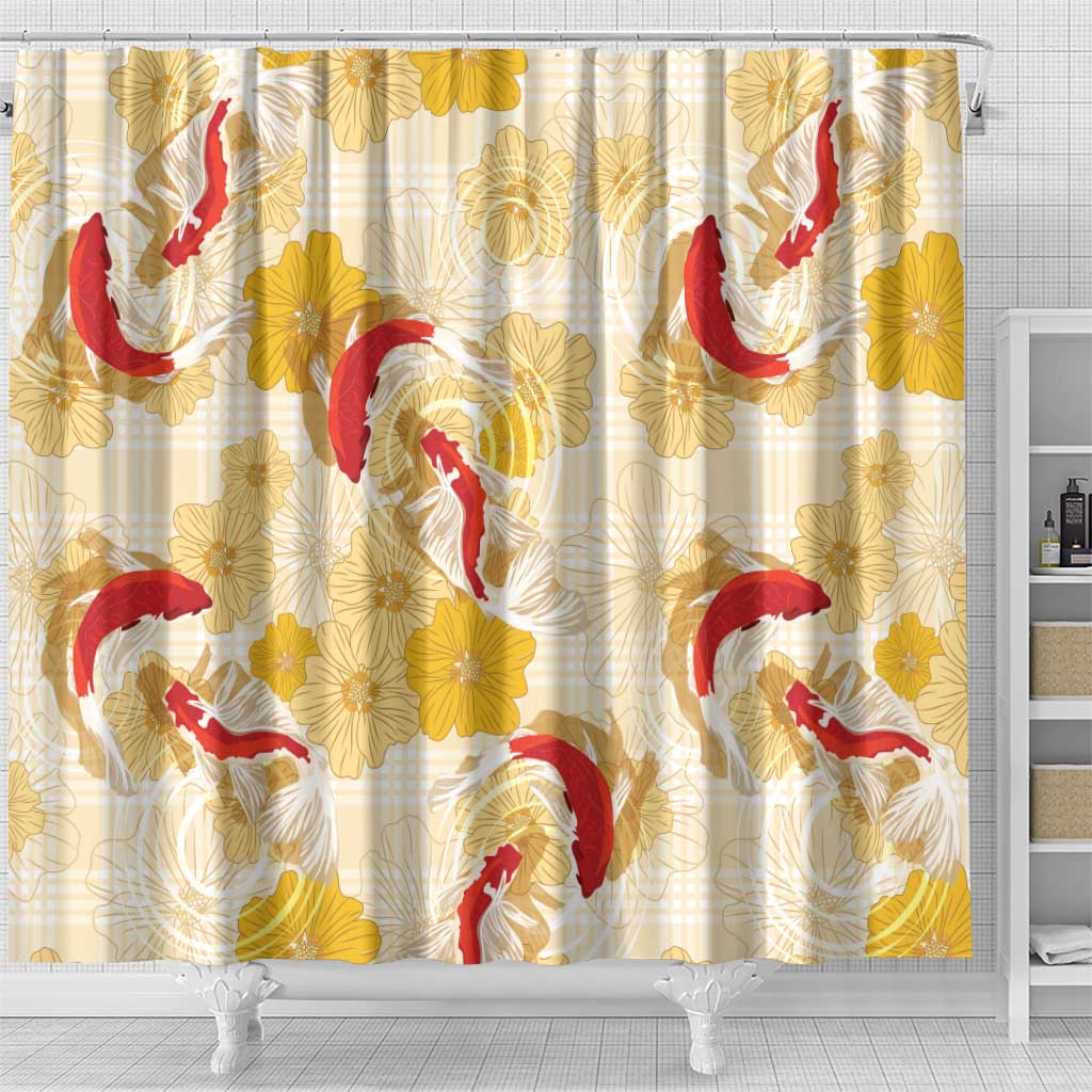 Beige Palaka Hawaii Aloha Shower Curtain Koi Pond Mix Ilima Flowers LT7 - Polynesian Pride