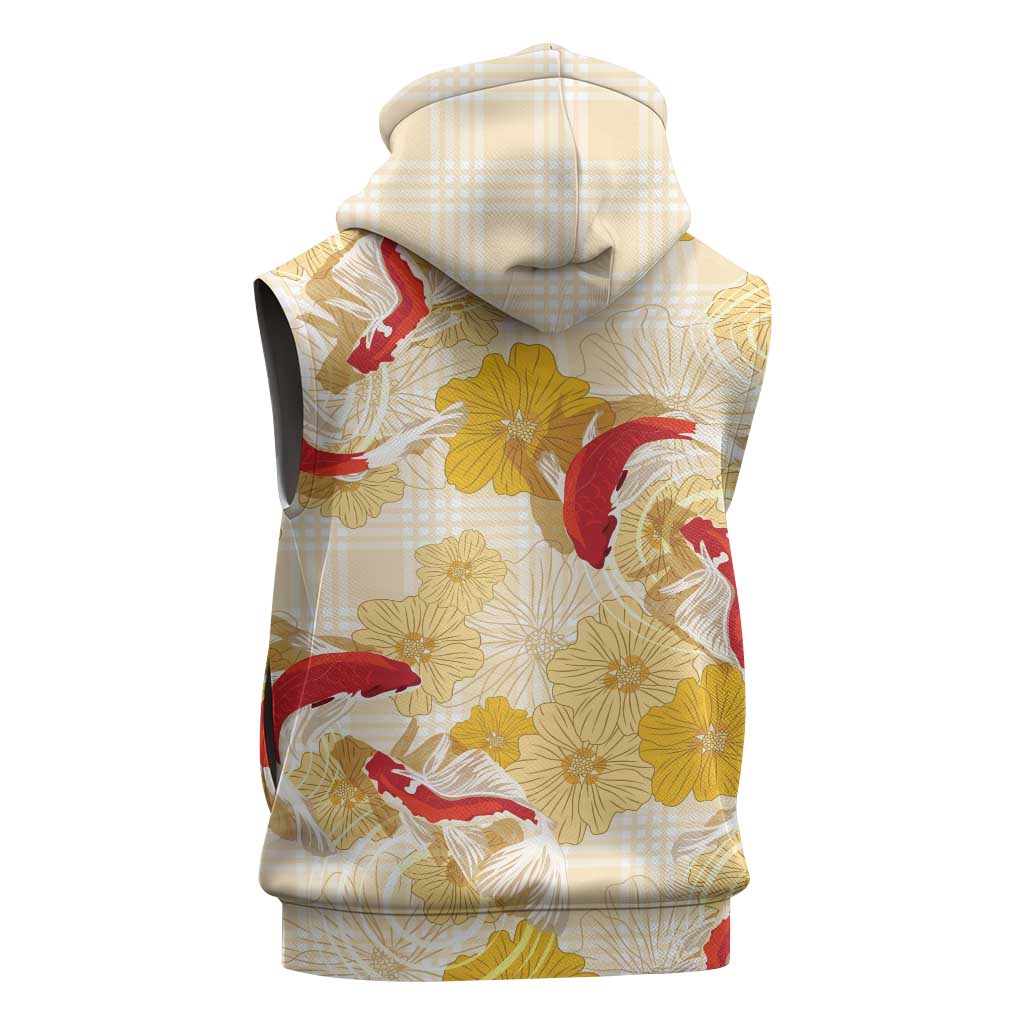 Beige Palaka Hawaii Aloha Sleeveless Hoodie Koi Pond Mix Ilima Flowers - Polynesian Pride