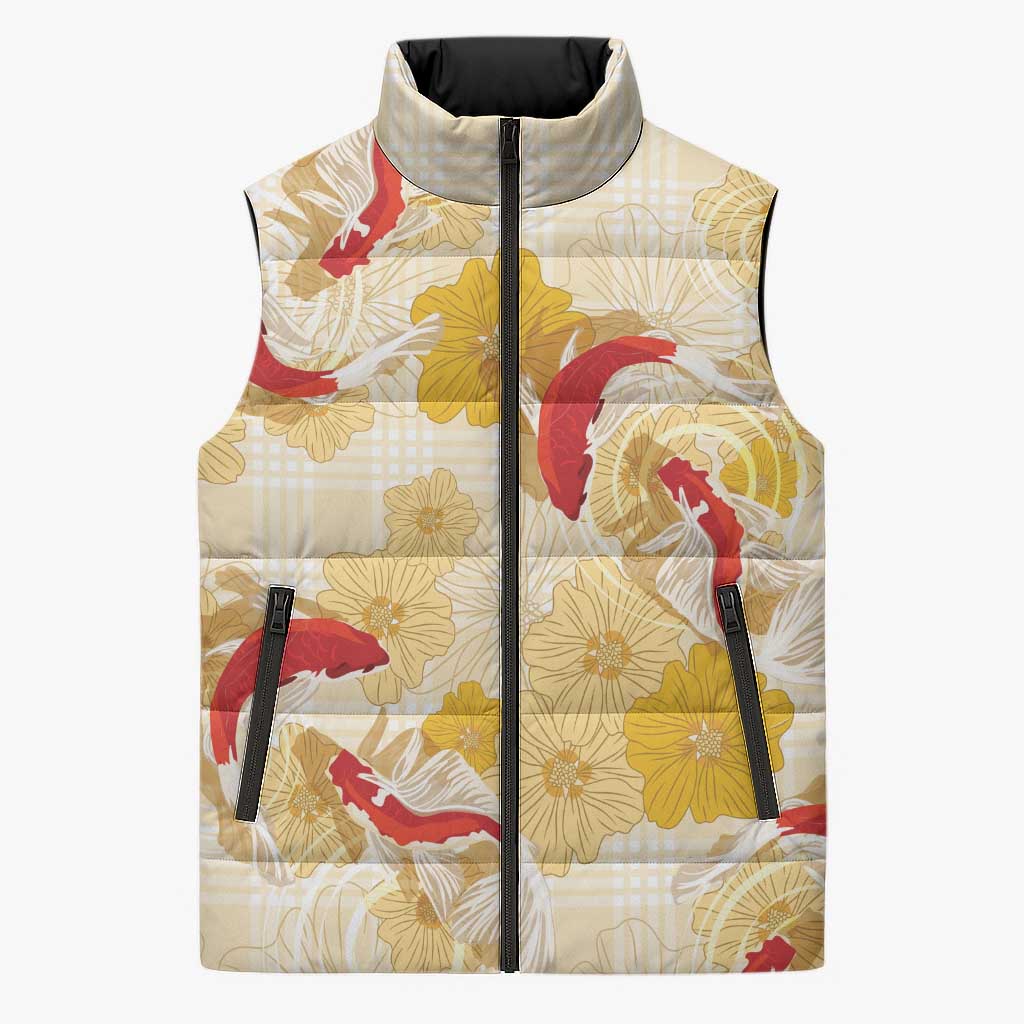 Beige Palaka Hawaii Aloha Sleeveless Puffer Jacket Koi Pond Mix Ilima Flowers - Polynesian Pride