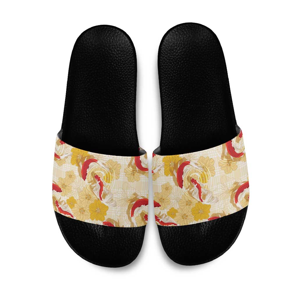 Beige Palaka Hawaii Aloha Slide Sandals Koi Pond Mix Ilima Flowers - Polynesian Pride