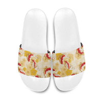 Beige Palaka Hawaii Aloha Slide Sandals Koi Pond Mix Ilima Flowers - Polynesian Pride