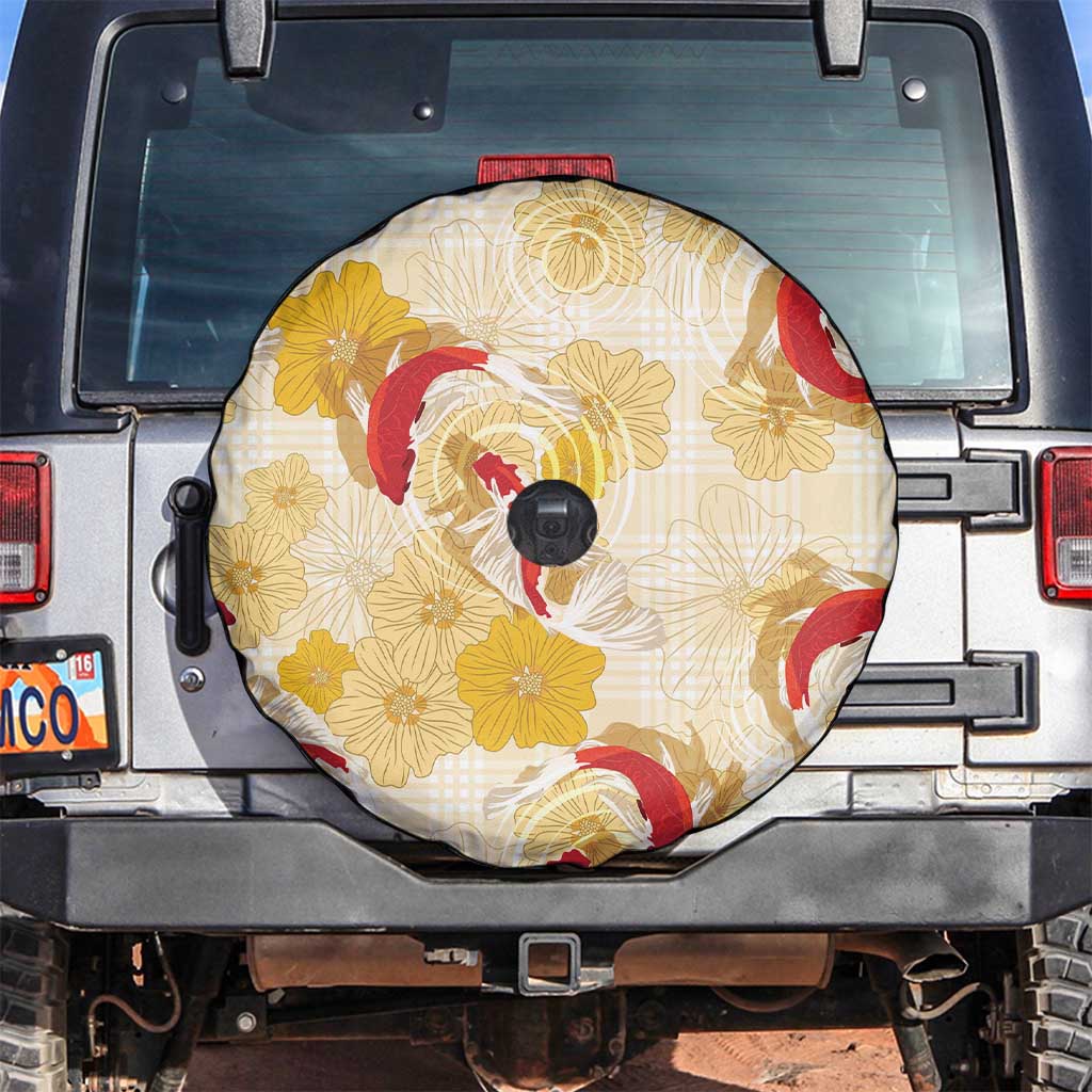 Beige Palaka Hawaii Aloha Spare Tire Cover Koi Pond Mix Ilima Flowers - Polynesian Pride