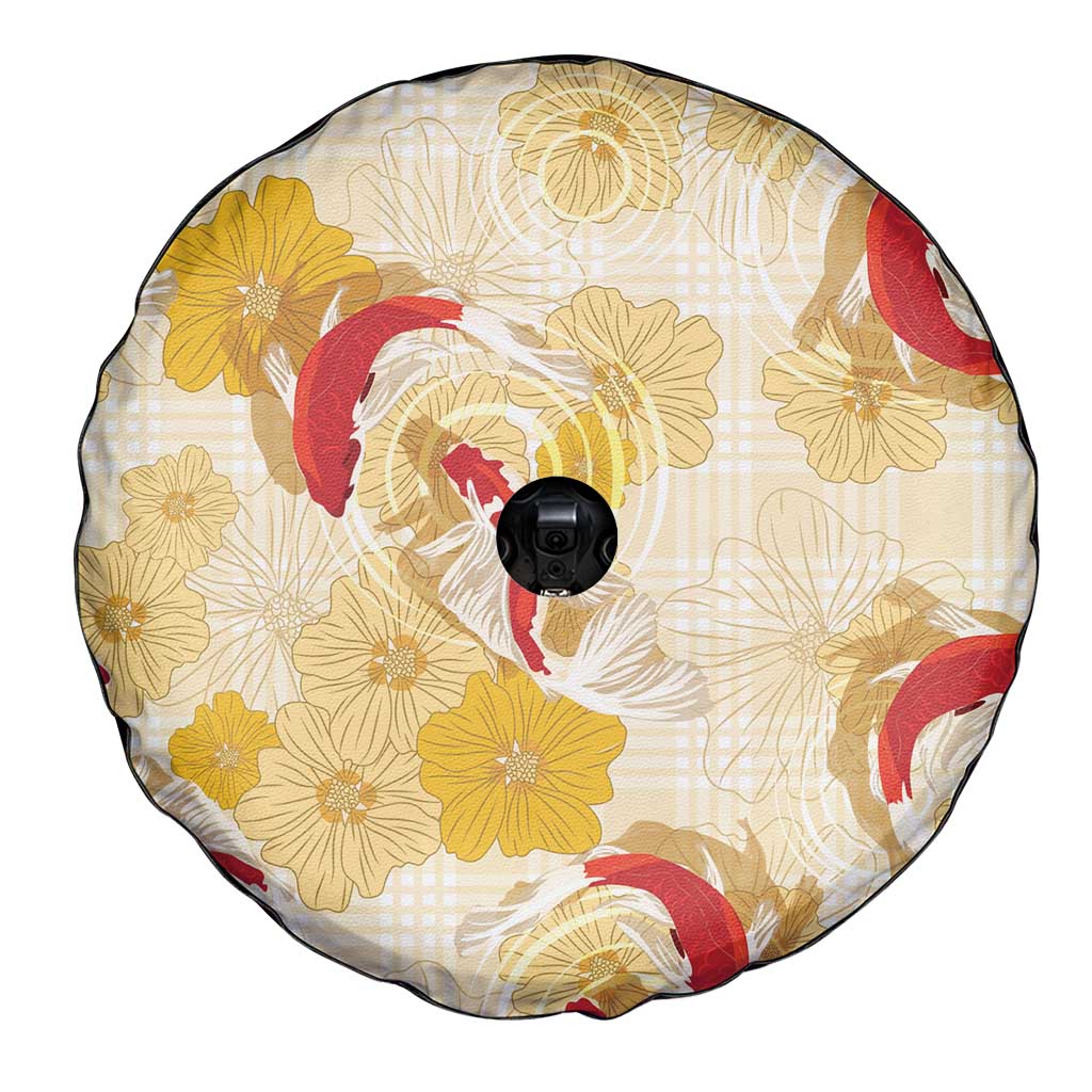Beige Palaka Hawaii Aloha Spare Tire Cover Koi Pond Mix Ilima Flowers - Polynesian Pride