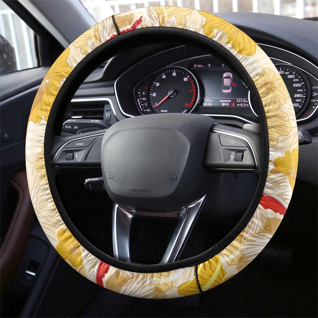 Beige Palaka Hawaii Aloha Steering Wheel Cover Koi Pond Mix Ilima Flowers - Polynesian Pride