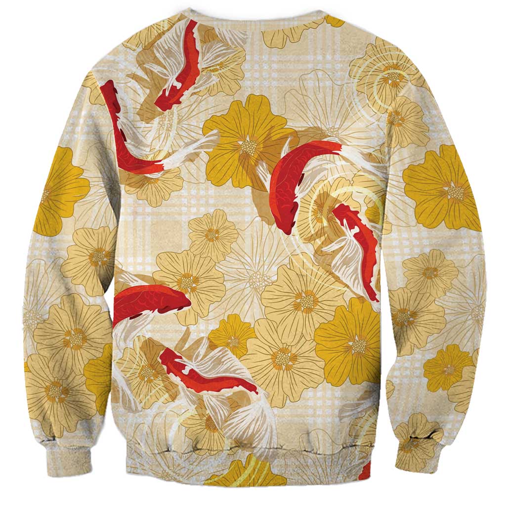 Beige Palaka Hawaii Aloha Sweatshirt Koi Pond Mix Ilima Flowers - Polynesian Pride