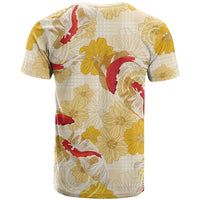 Beige Palaka Hawaii Aloha T Shirt Koi Pond Mix Ilima Flowers - Polynesian Pride