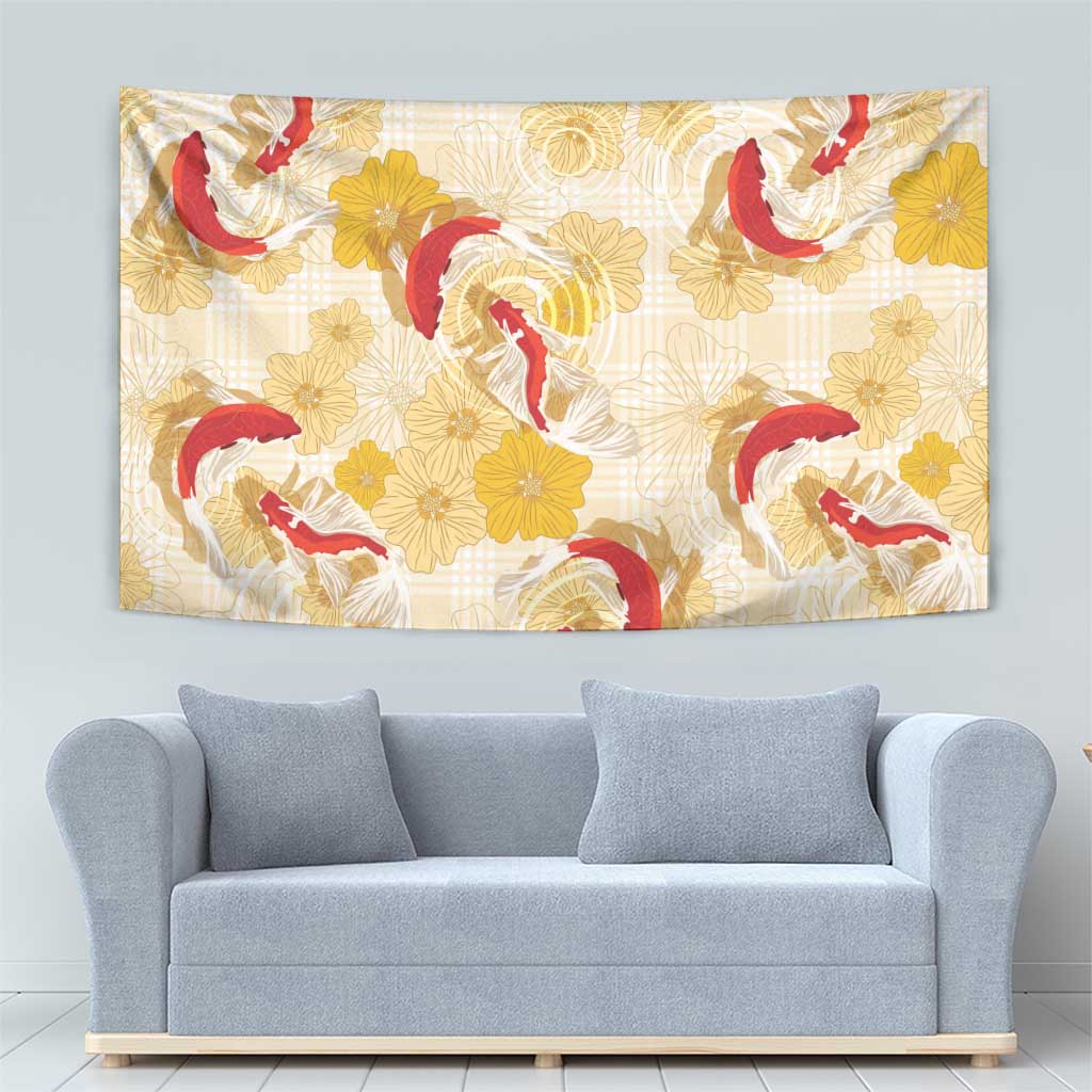 Beige Palaka Hawaii Aloha Tapestry Koi Pond Mix Ilima Flowers - Polynesian Pride
