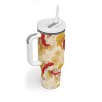 Beige Palaka Hawaii Aloha Tumbler With Handle Koi Pond Mix Ilima Flowers - Polynesian Pride