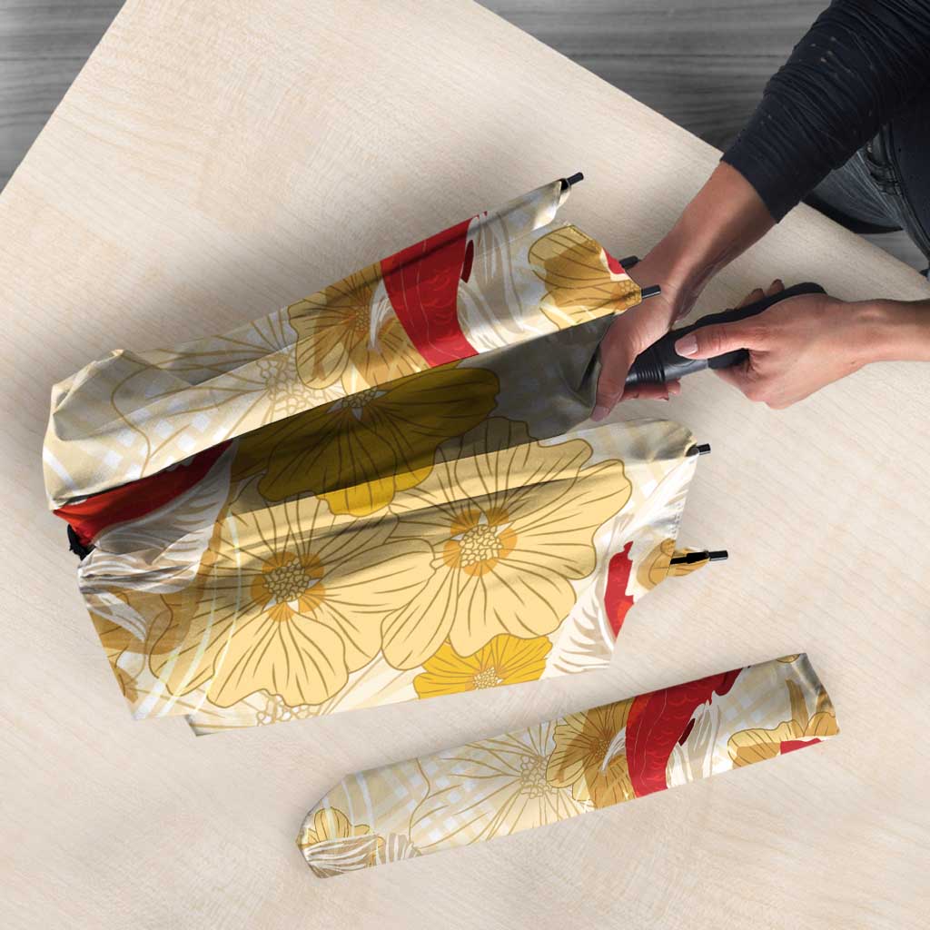 Beige Palaka Hawaii Aloha Umbrella Koi Pond Mix Ilima Flowers - Polynesian Pride