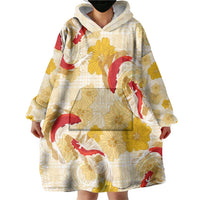Beige Palaka Hawaii Aloha Wearable Blanket Hoodie Koi Pond Mix Ilima Flowers - Polynesian Pride