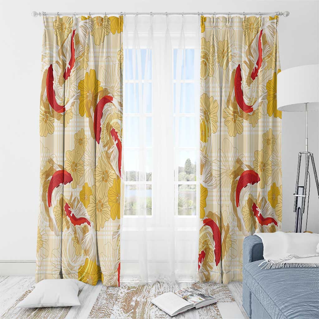 Beige Palaka Hawaii Aloha Window Curtain Koi Pond Mix Ilima Flowers - Polynesian Pride