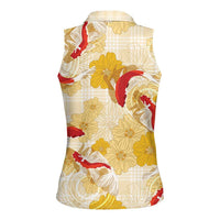 Beige Palaka Hawaii Aloha Women Sleeveless Polo Shirt Koi Pond Mix Ilima Flowers - Polynesian Pride