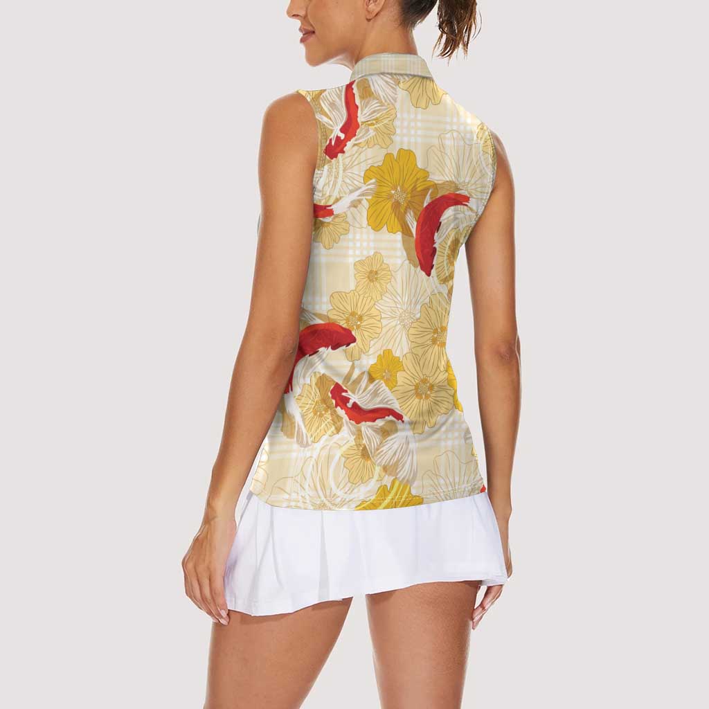 Beige Palaka Hawaii Aloha Women Sleeveless Polo Shirt Koi Pond Mix Ilima Flowers - Polynesian Pride