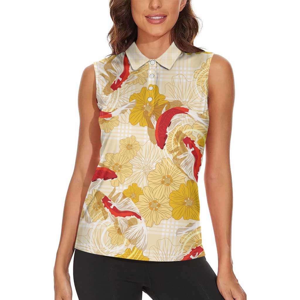 Beige Palaka Hawaii Aloha Women Sleeveless Polo Shirt Koi Pond Mix Ilima Flowers - Polynesian Pride