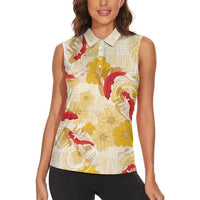 Beige Palaka Hawaii Aloha Women Sleeveless Polo Shirt Koi Pond Mix Ilima Flowers - Polynesian Pride