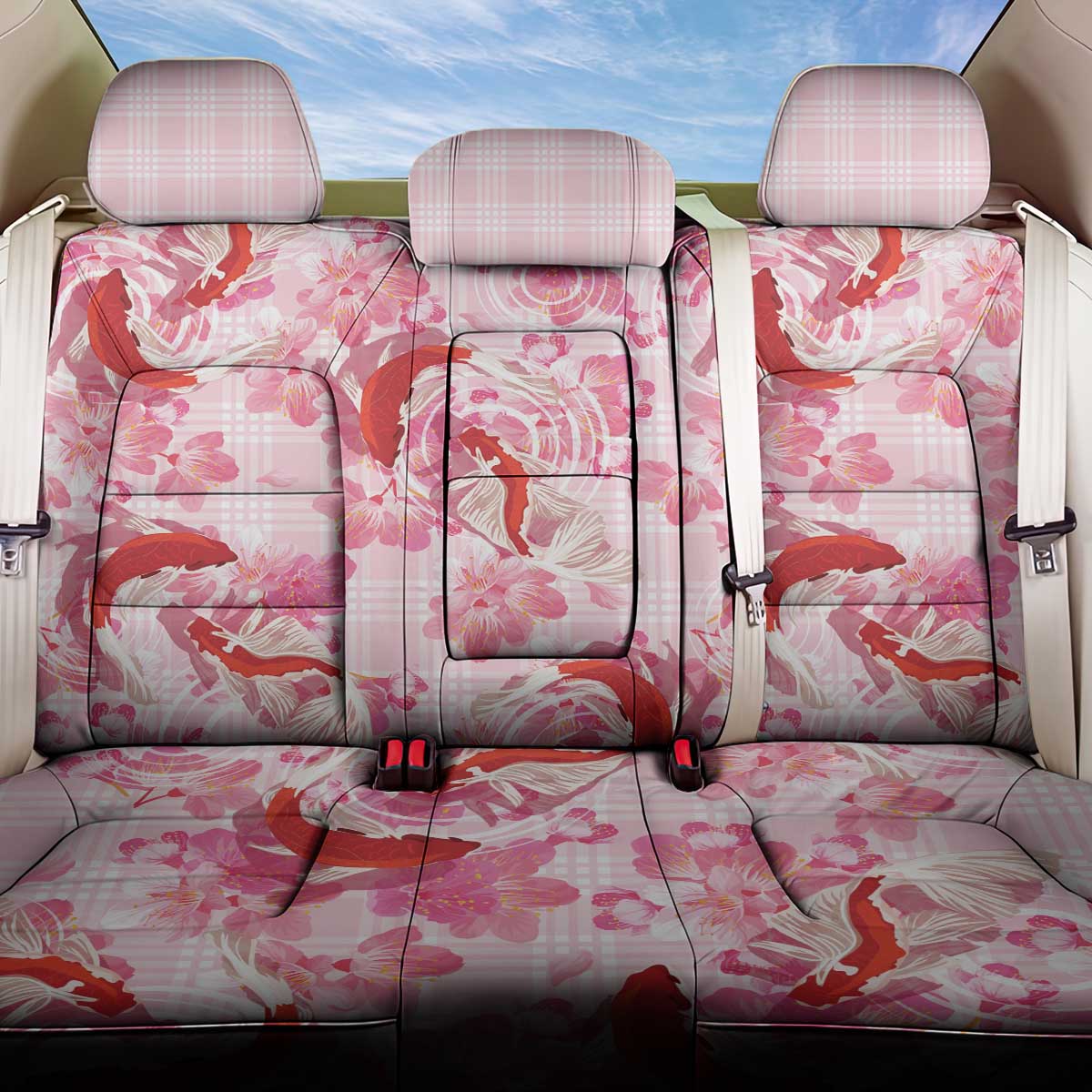 Pink Palaka Hawaii Aloha Back Car Seat Cover Koi Pond Mix Sakura - Polynesian Pride