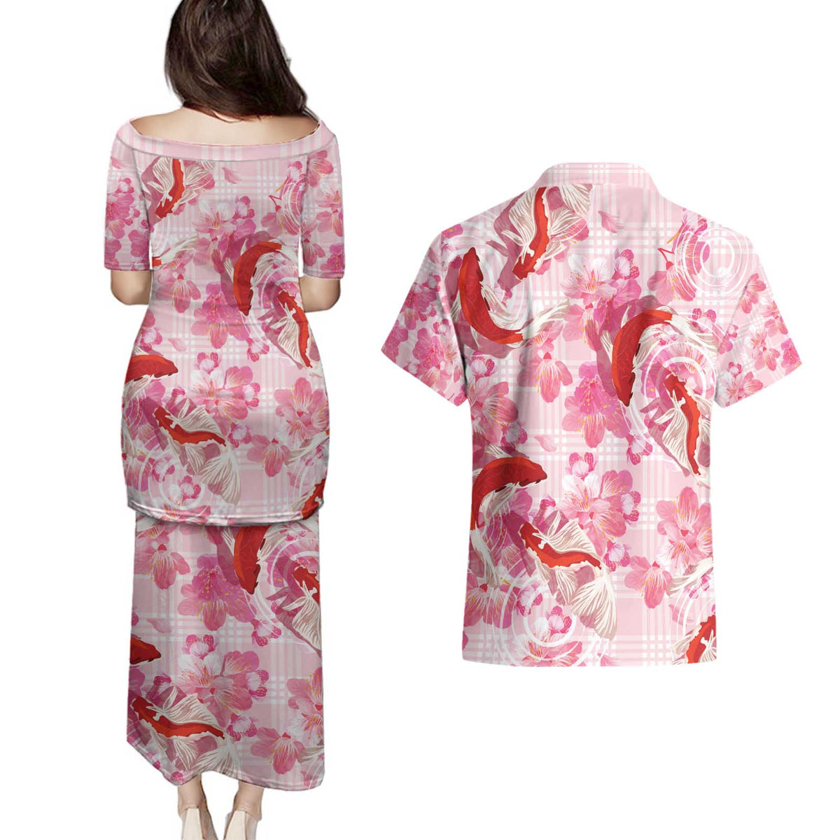Pink Palaka Hawaii Aloha Couples Matching Puletasi and Hawaiian Shirt Koi Pond Mix Sakura - Polynesian Pride