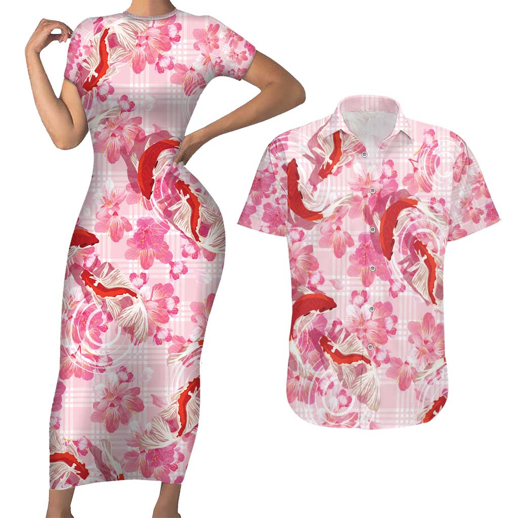 Pink Palaka Hawaii Aloha Couples Matching Short Sleeve Bodycon Dress and Hawaiian Shirt Koi Pond Mix Sakura - Polynesian Pride