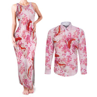 Pink Palaka Hawaii Aloha Couples Matching Tank Maxi Dress and Long Sleeve Button Shirt Koi Pond Mix Sakura - Polynesian Pride