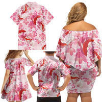 Pink Palaka Hawaii Aloha Family Matching Off Shoulder Short Dress and Hawaiian Shirt Koi Pond Mix Sakura - Polynesian Pride