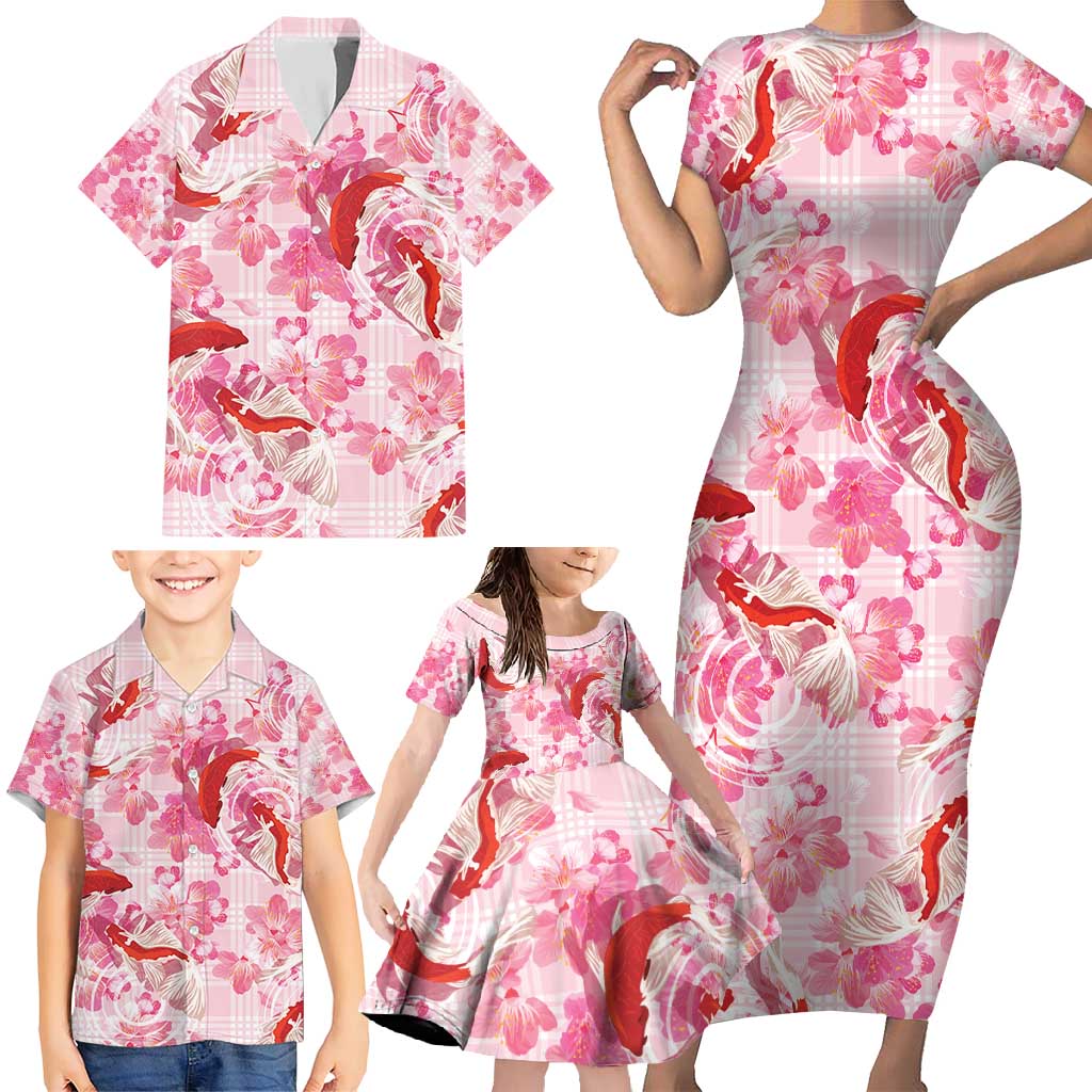 Pink Palaka Hawaii Aloha Family Matching Short Sleeve Bodycon Dress and Hawaiian Shirt Koi Pond Mix Sakura - Polynesian Pride