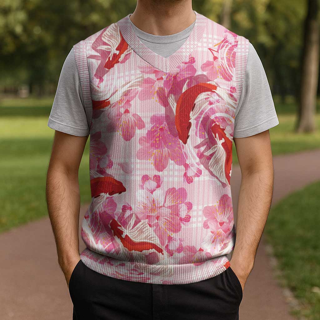 Pink Palaka Hawaii Aloha Christmas Knitted V-Neck Vest Koi Pond Mix Sakura - Polynesian Pride