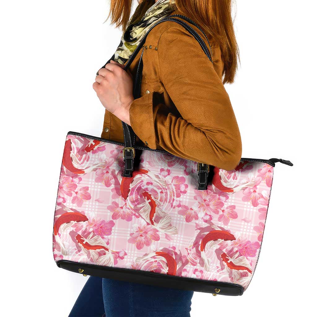 Pink Palaka Hawaii Aloha Leather Tote Bag Koi Pond Mix Sakura - Polynesian Pride