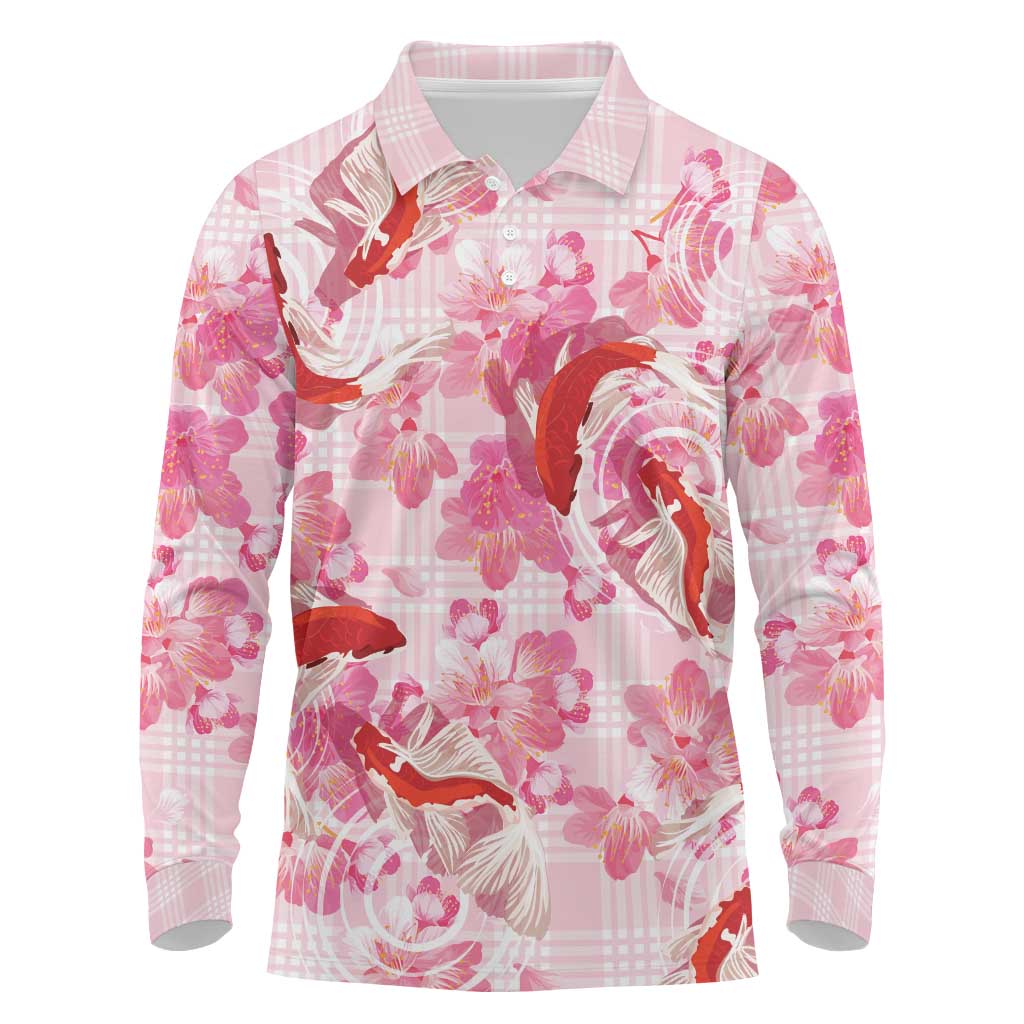 Pink Palaka Hawaii Aloha Long Sleeve Polo Shirt Koi Pond Mix Sakura - Polynesian Pride