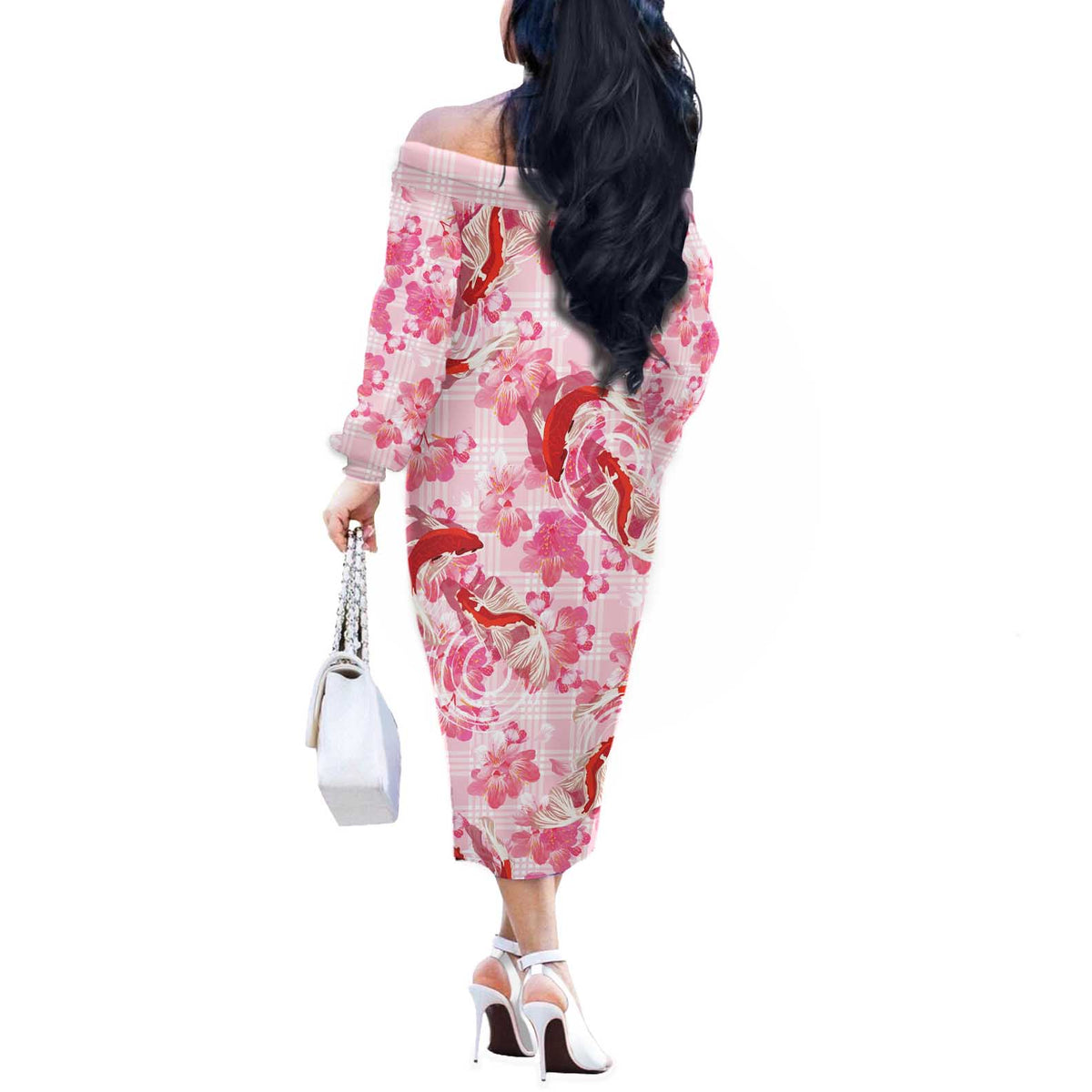 Pink Palaka Hawaii Aloha Off The Shoulder Long Sleeve Dress Koi Pond Mix Sakura - Polynesian Pride