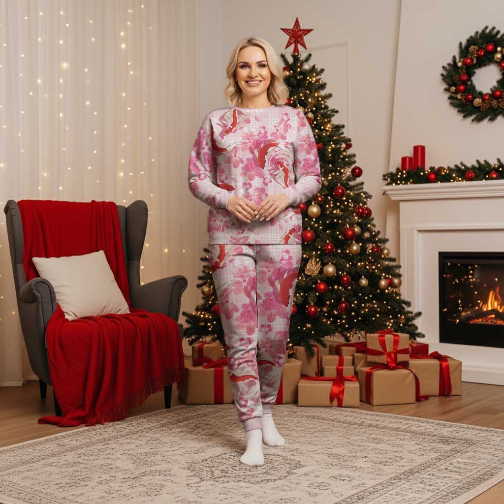 Pink Palaka Hawaii Aloha Christmas Pajama Set Koi Pond Mix Sakura - Polynesian Pride