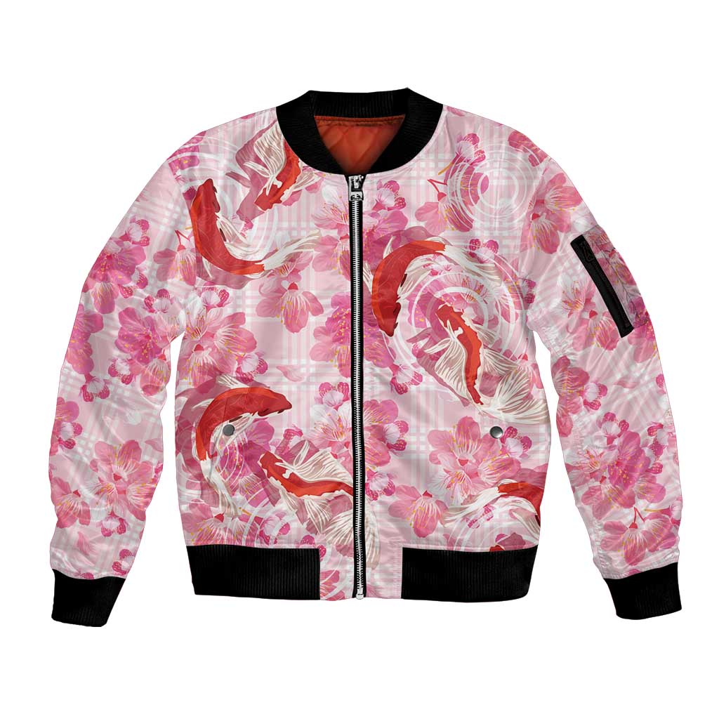 Pink Palaka Hawaii Aloha Sleeve Zip Bomber Jacket Koi Pond Mix Sakura - Polynesian Pride