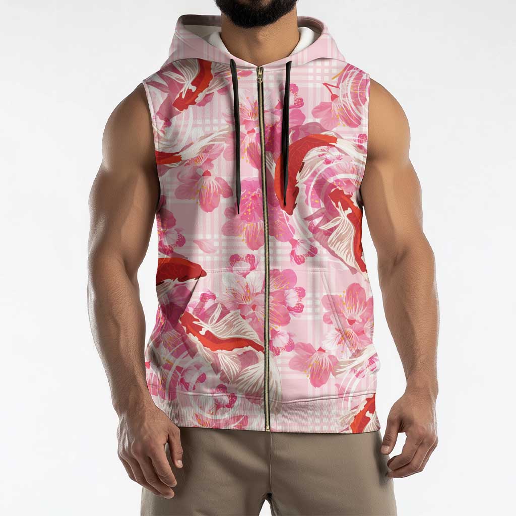 Pink Palaka Hawaii Aloha Sleeveless Zip Hoodie Koi Pond Mix Sakura - Polynesian Pride