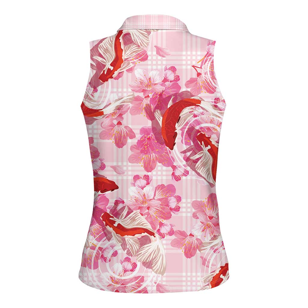 Pink Palaka Hawaii Aloha Women Sleeveless Polo Shirt Koi Pond Mix Sakura - Polynesian Pride