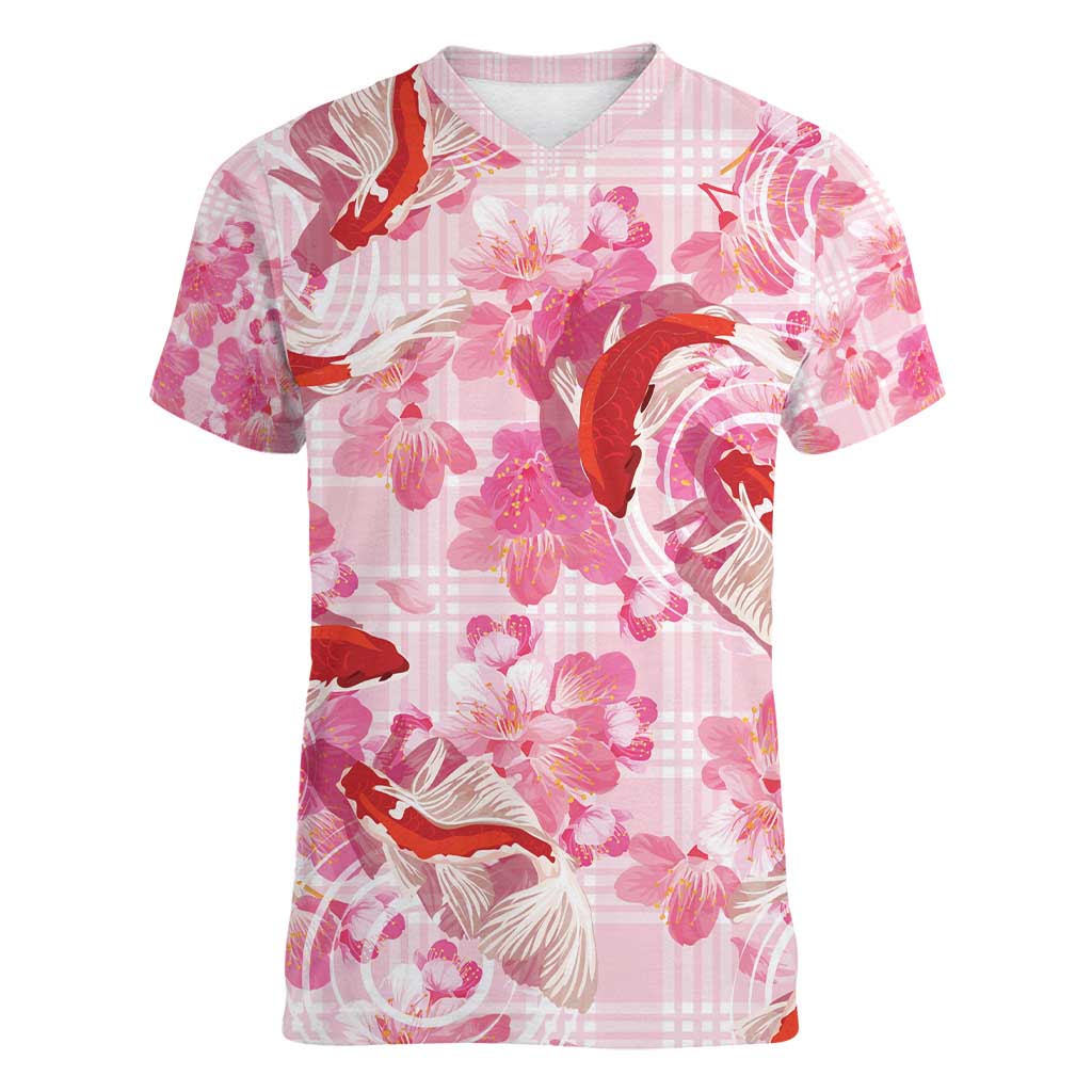 Pink Palaka Hawaii Aloha Women V-Neck T-Shirt Koi Pond Mix Sakura - Polynesian Pride